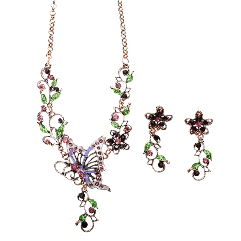 Copper purple green crystal butterfly necklace earrings set with silver post